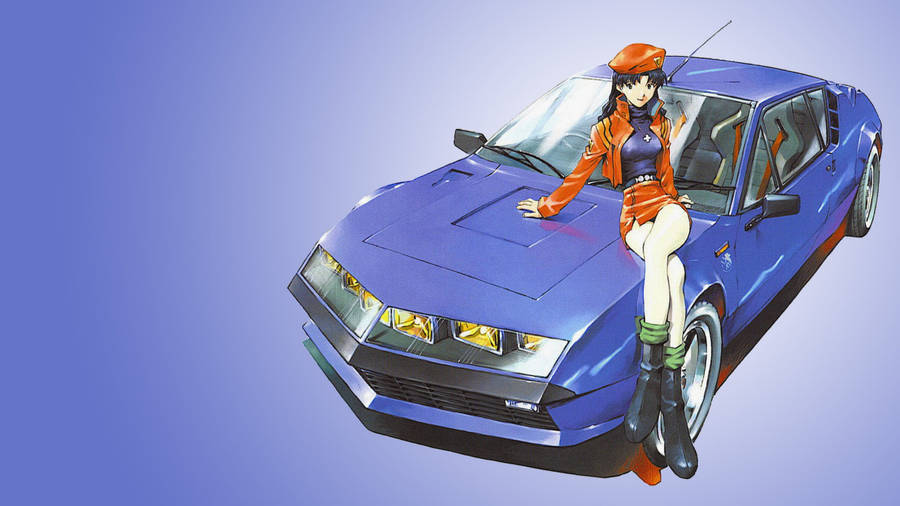 Evangelion 4k Misato With Blue Car Wallpaper