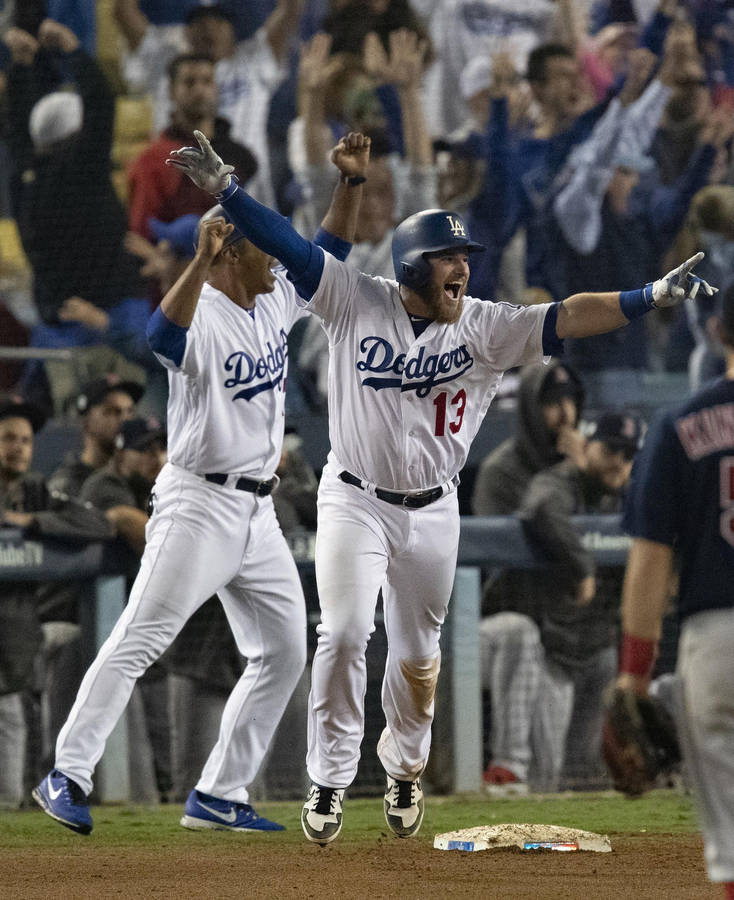 Excited Max Muncy With Teammate Wallpaper