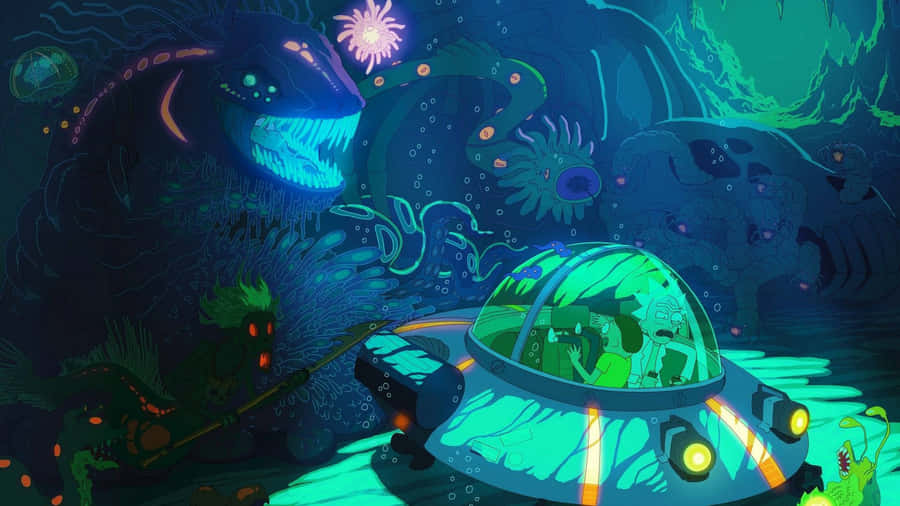 Explore The Multiverse With Rick And Morty On A Laptop Wallpaper