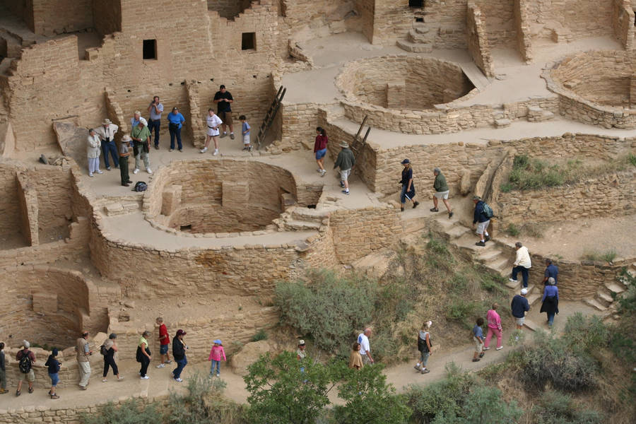 Exploring Ancient Heritage With Tourists In Mesa Verde National Park Wallpaper