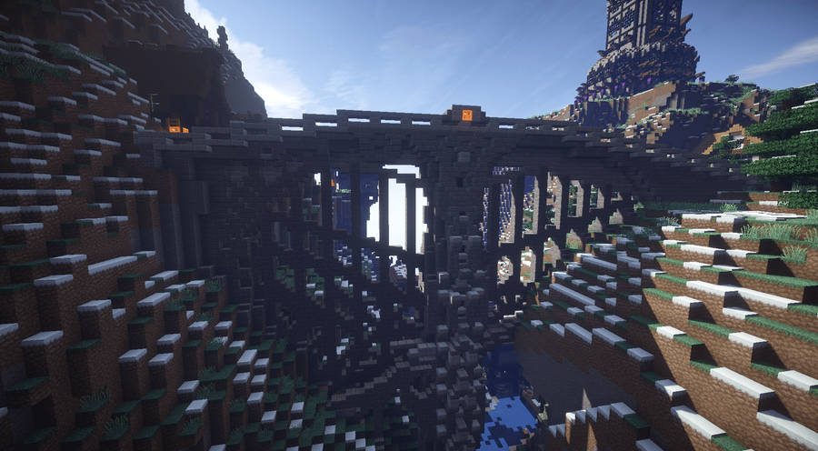 Exquisite Minecraft Landscape Featuring A Hanging Bridge Wallpaper