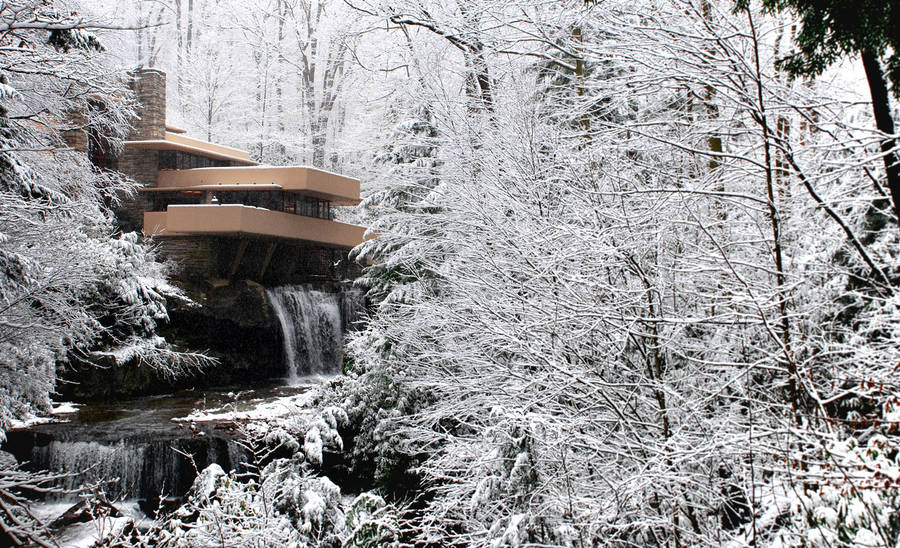 Falling Water House At Winter Wallpaper