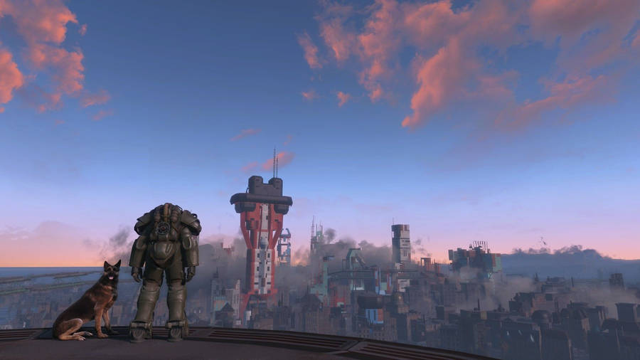 Fallout 4 Man With Dog On Rooftop Wallpaper