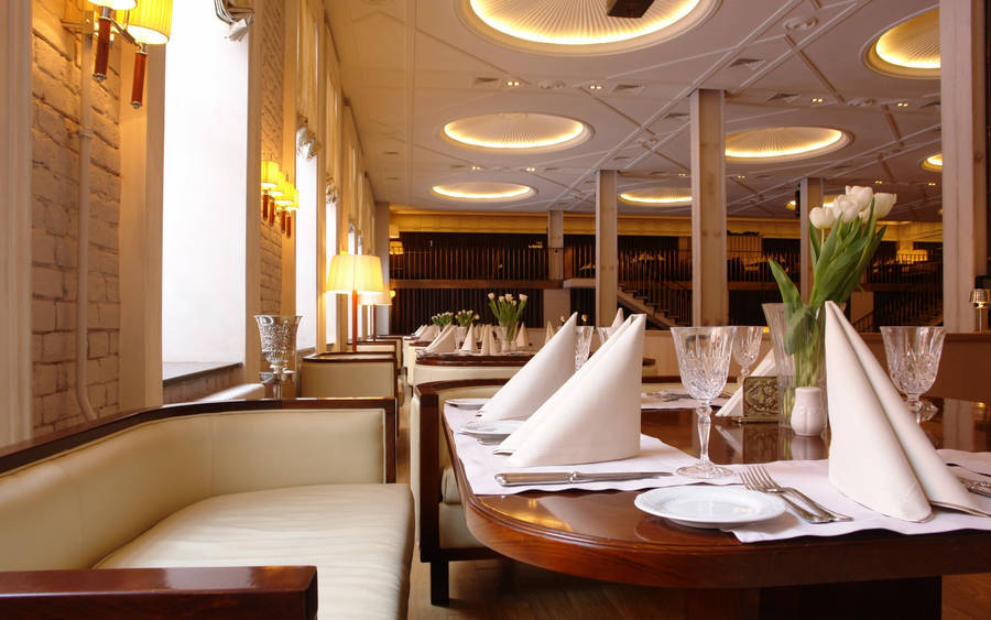 Fancy Restaurant With Brown And White Theme Wallpaper