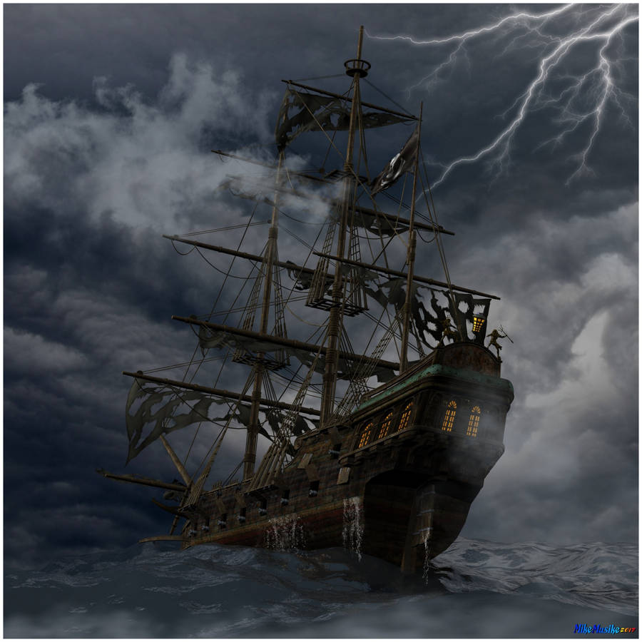 Fantasy Ghost Ship Lightning Wallpaper