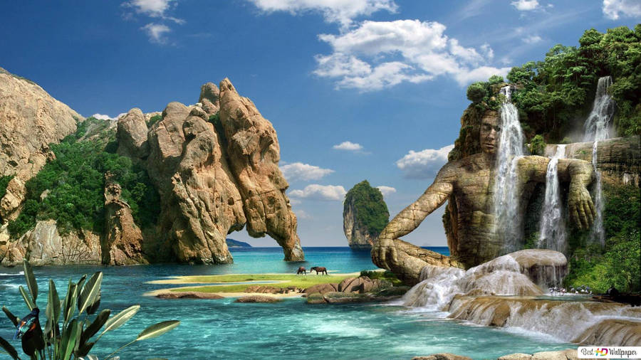 Fantasy Island Waterfall Statue Wallpaper