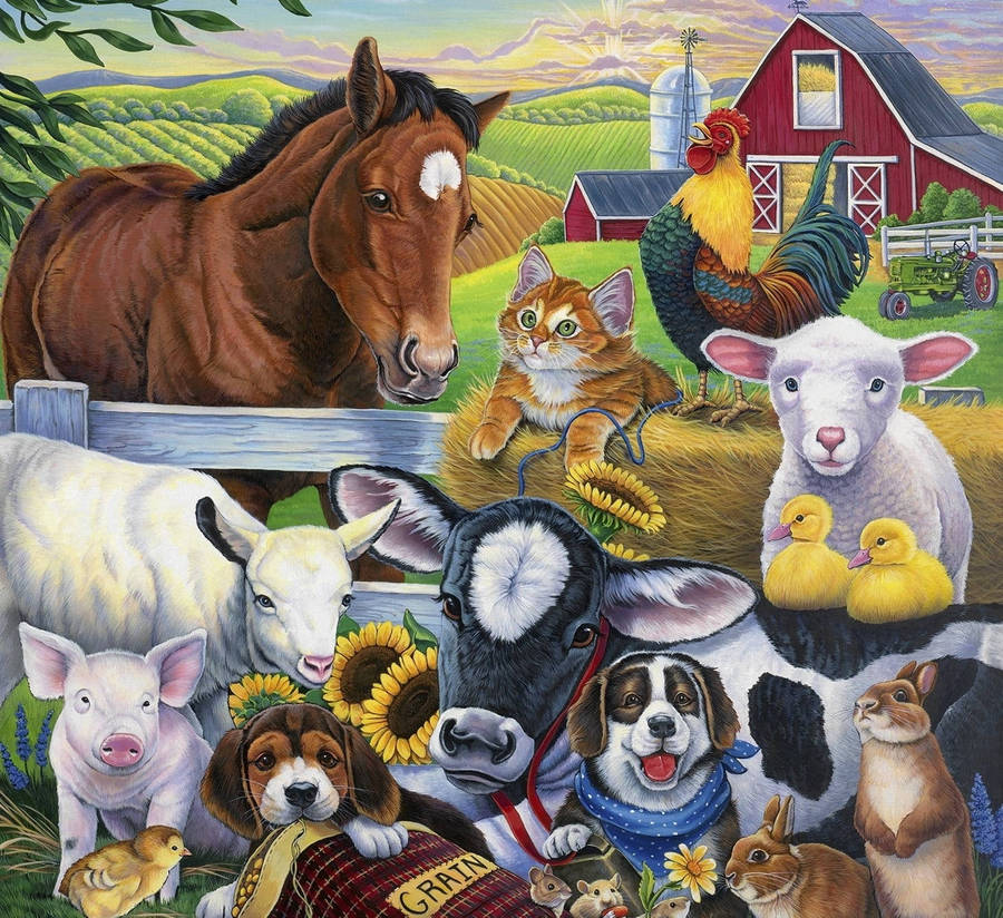 Farm Animals Family Art Wallpaper