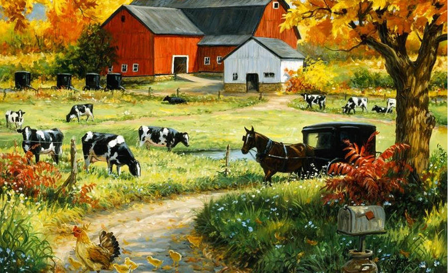 Farmhouse Realistic Painting Wallpaper