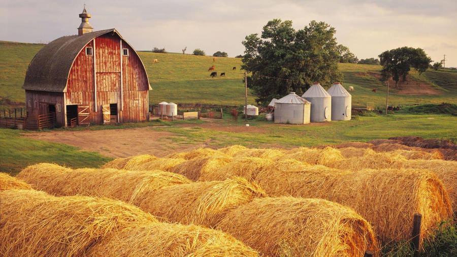 Farmhouse With Rolled Haystacks Wallpaper