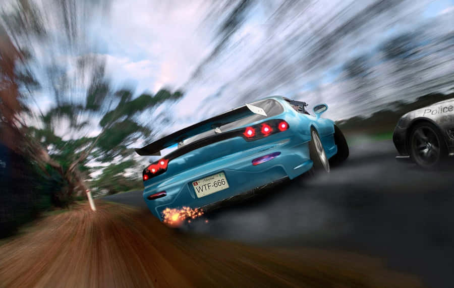 Fast Moving Blue Mazda Rx 7 Racing Wallpaper