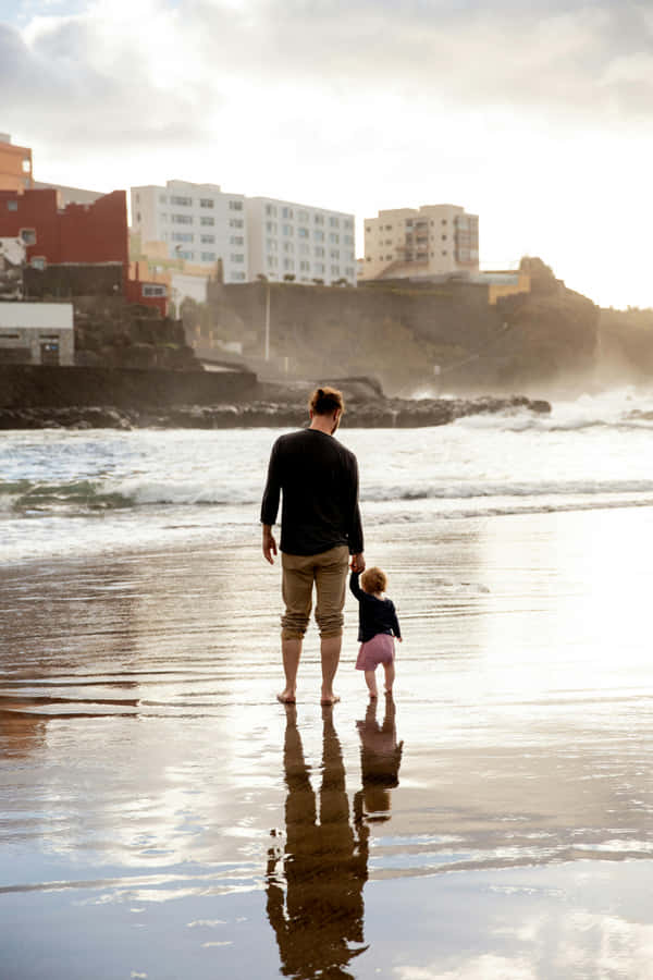 Father Child Beach Walk Wallpaper