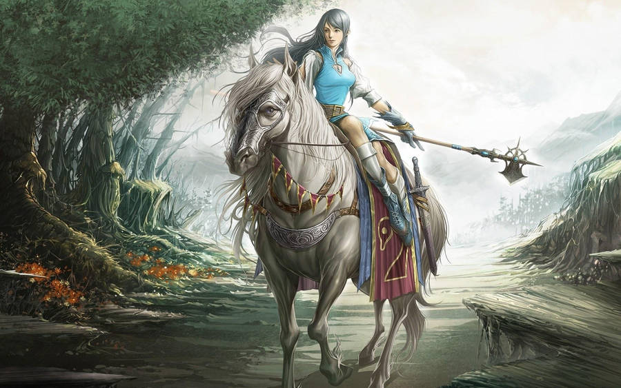 Female Knight On White Horse Wallpaper