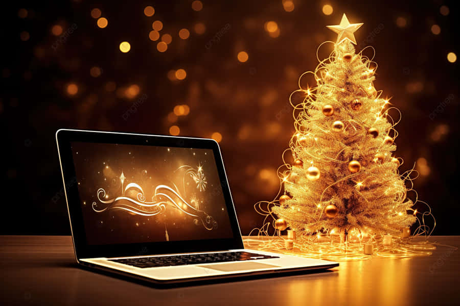 Festive Workstationwith Christmas Tree Wallpaper