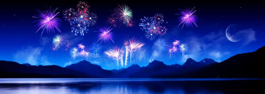 Fireworks In The Sky Over A Lake Wallpaper
