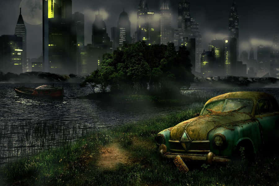 Flooded_ Cityscape_with_ Abandoned_ Car Wallpaper