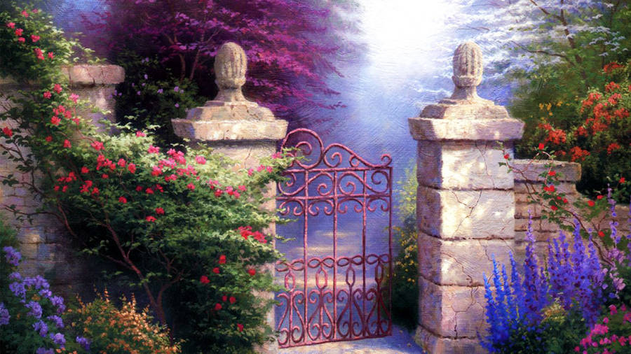 Flower Garden With Front Gate Wallpaper