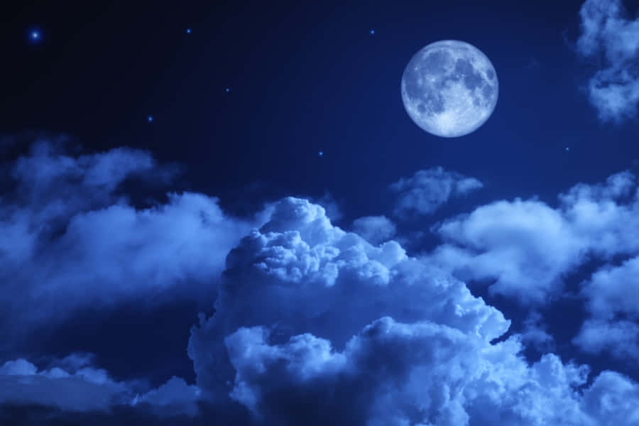 Fluffy Clouds Night Sky Moon Wallpaper