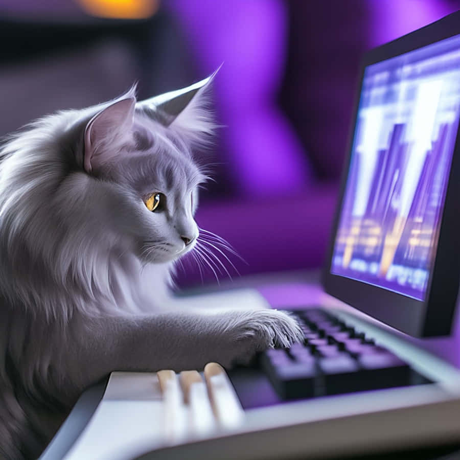 Focused Cat Using Computer Wallpaper