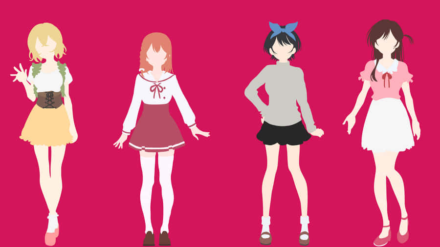 Four Anime Girls Standing In Front Of A Pink Background Wallpaper