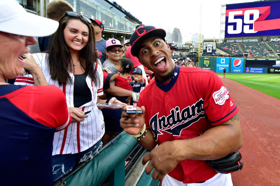 Francisco Lindor Interactingwith Fansat Baseball Game Wallpaper