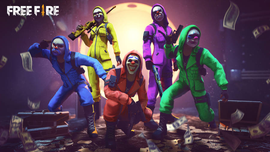 Free Fire Criminal Bundle Robbers On Cash Pile Wallpaper