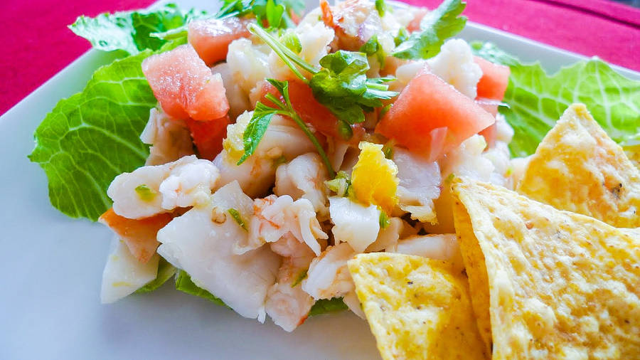 Fresh Ceviche With Corn Tortilla Chips Wallpaper