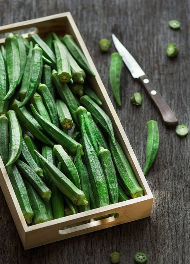 Fresh Wooden Box Of Okras Wallpaper