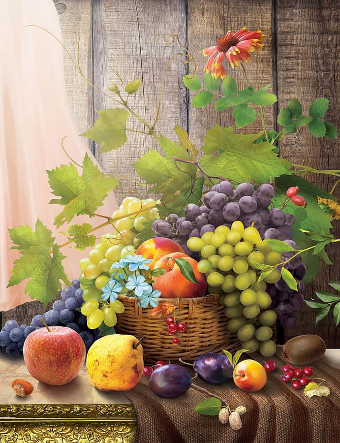 Fruit Basket Still Life Art Wallpaper