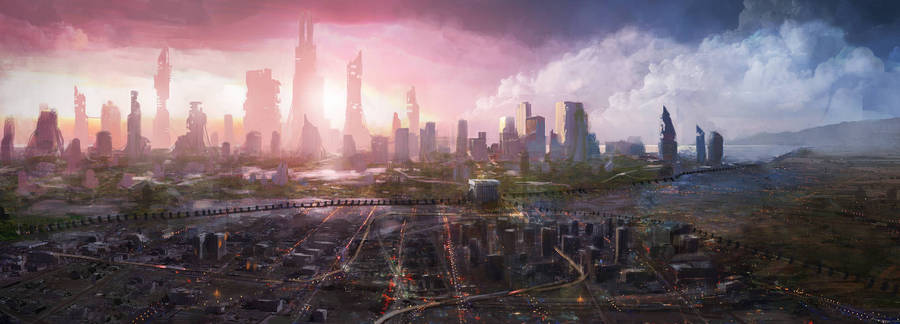 Futuristic City With Pink Sky Wallpaper