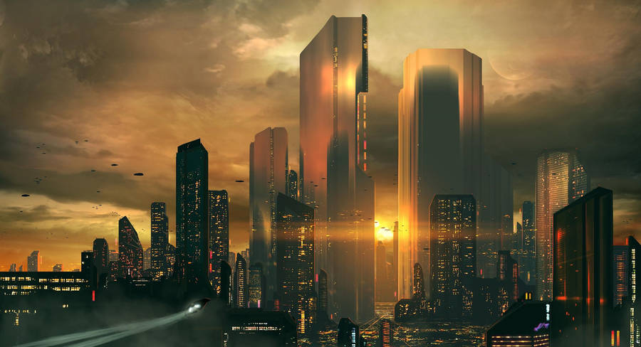 Futuristic Desktop With Sun Setting Wallpaper
