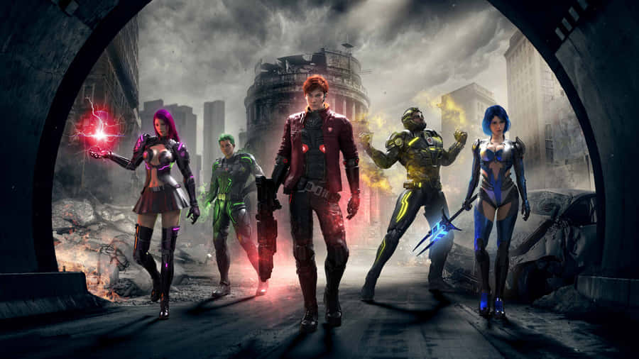 Futuristic_ Heroes_ Team_ Urban_ Backdrop Wallpaper