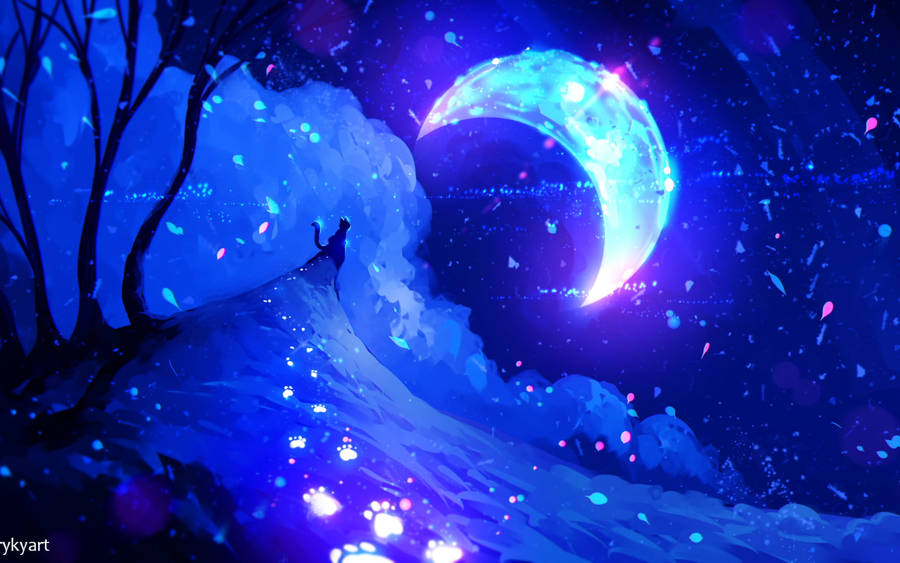 Galaxy Moon And Cat Fantasy Artwork Wallpaper