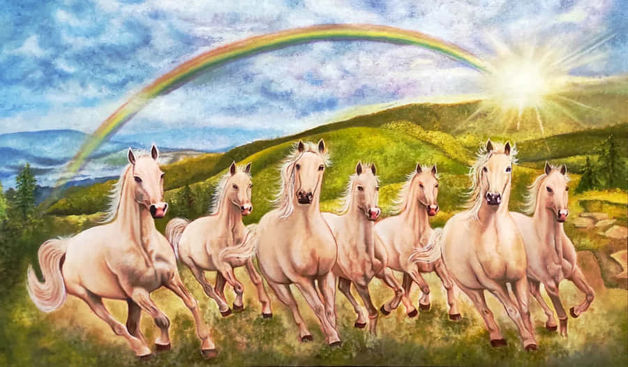 Galloping_ Horses_ Under_ Rainbow Wallpaper