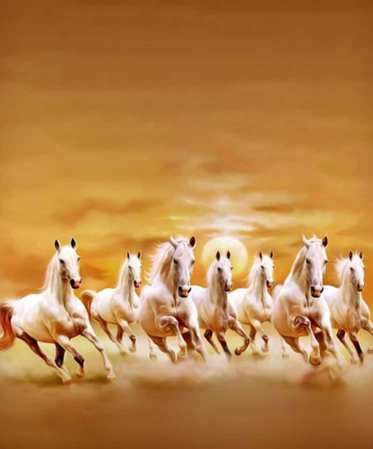 Galloping Seven White Horses Painting Wallpaper