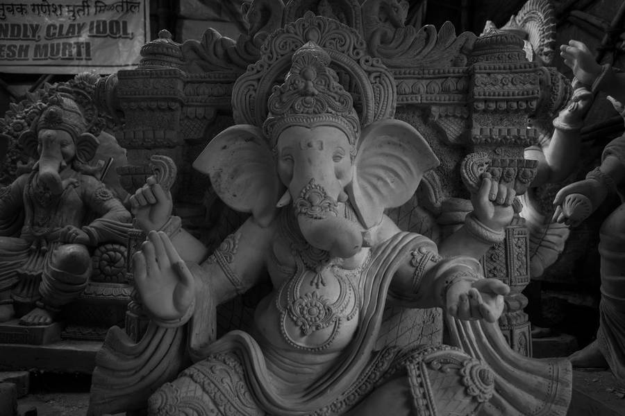 Ganesha Sitting On Throne Grayscale Wallpaper