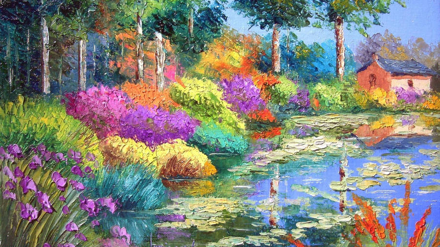 Garden Pond Colorful Painting Wallpaper