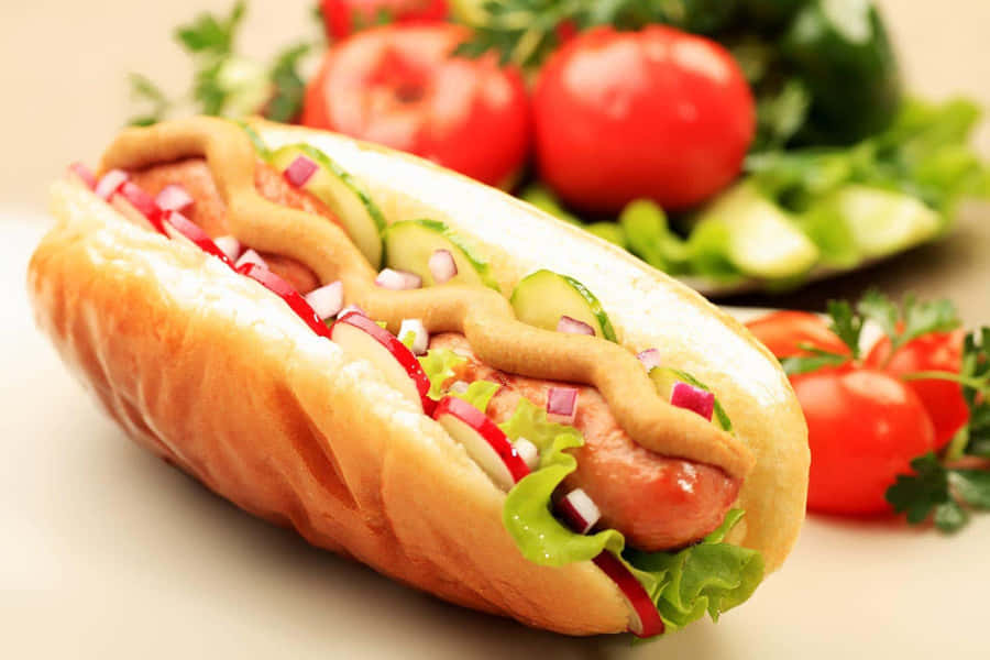 Garnished Hot Dogwith Vegetables Wallpaper