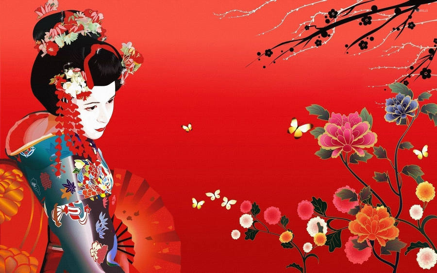 Geisha Red Floral Painting Wallpaper