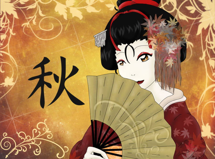 Geisha With Gold Fan Wallpaper