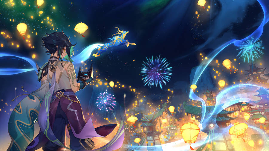 Genshin Impact Character Xiao Watching Fireworks Wallpaper