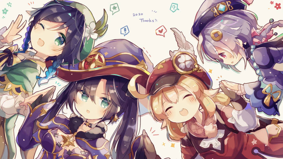 Genshin Impact Klee, Venti, Mona, And Qiqi Wallpaper