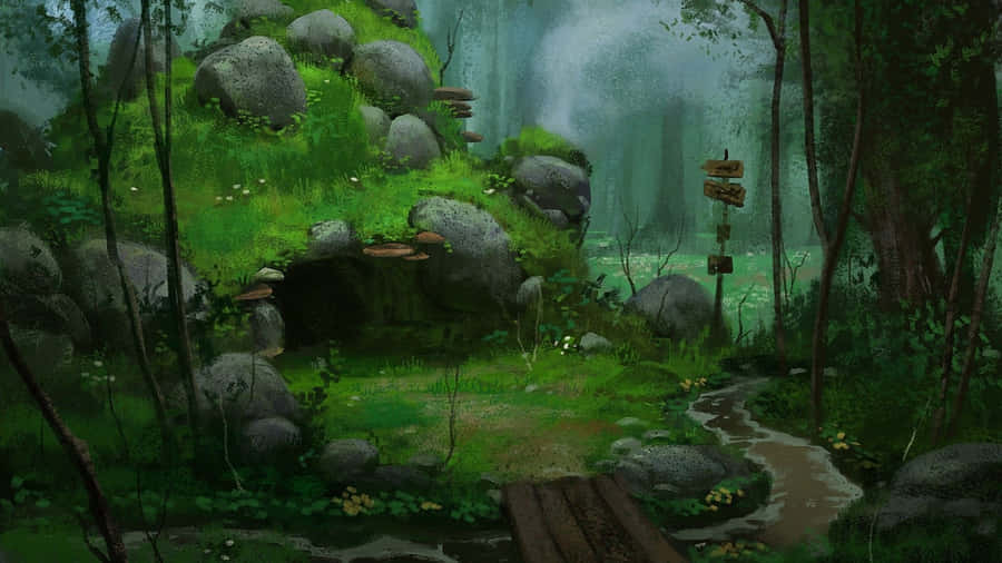 Get Lost In The Beauty Of This Anime-inspired Forest. Wallpaper