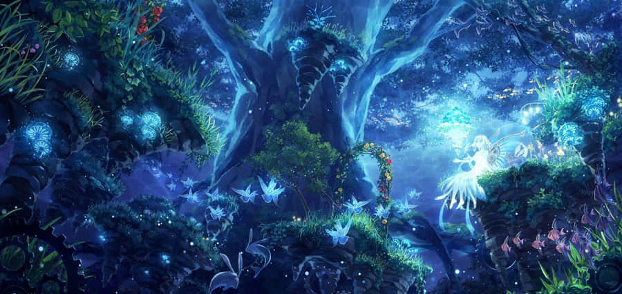 Get Lost In The Lush Beauty Of The Anime Forest. Wallpaper