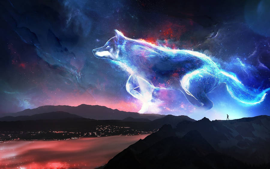 Giant Blue Wolf On Mountain Wallpaper