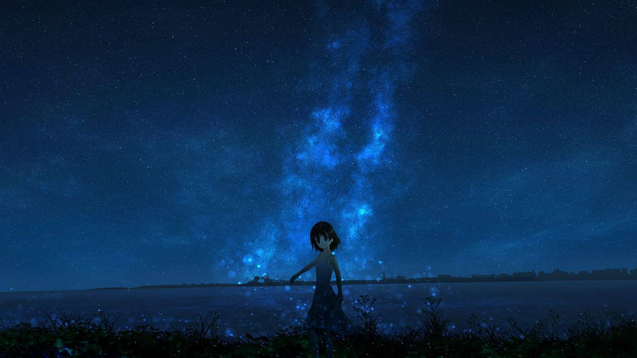 Girl In Meadows Anime Night Sky Wallpaper