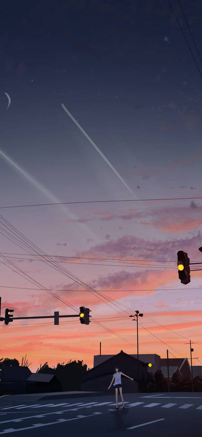 Girl On Road Anime Aesthetic Sunset Wallpaper