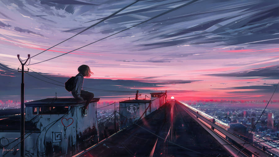 Girl On Roof Anime Aesthetic Sunset Wallpaper