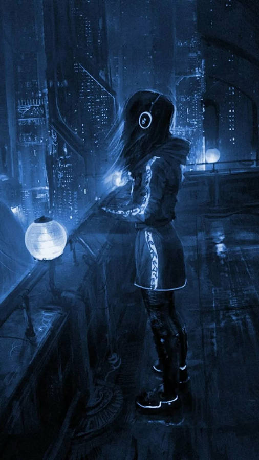 Girl On Rooftop Cyberpunk Iphone X Wallpaper