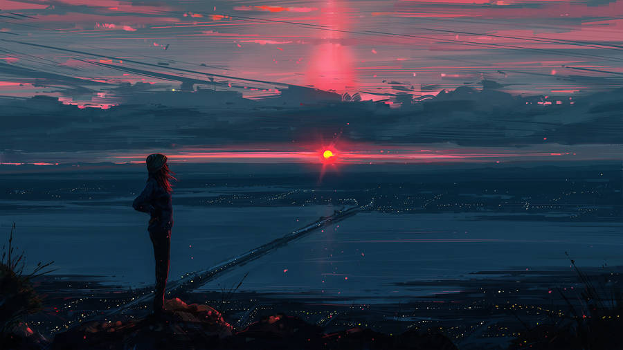 Girl Overlooking Bay Anime Aesthetic Sunset Wallpaper