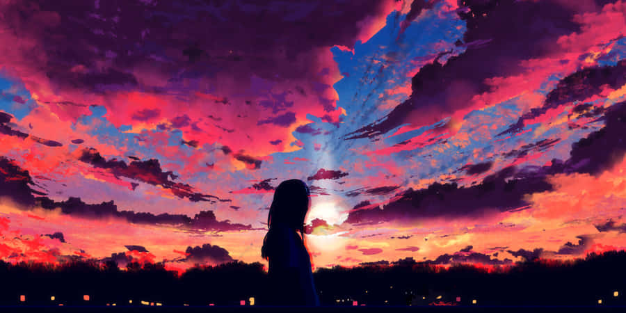 Girl Silhouette In Anime Sunset Sky Wallpaper